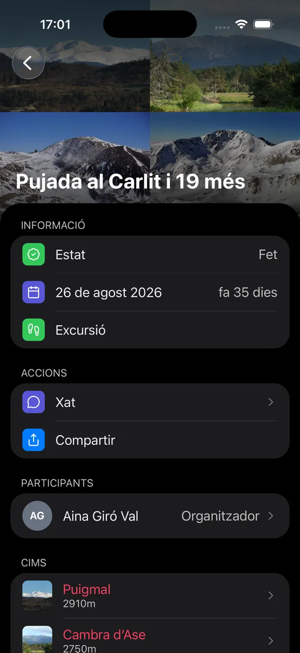 Pàgina d'un pla amb estat, data i participants