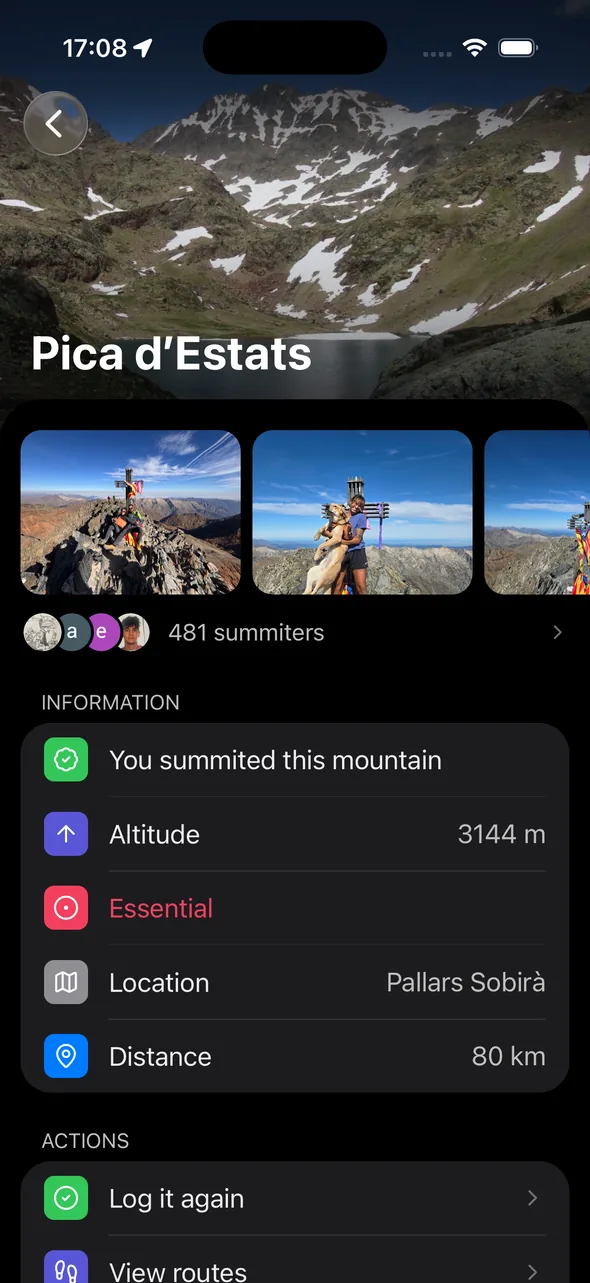 Mountain page with summit photos and details